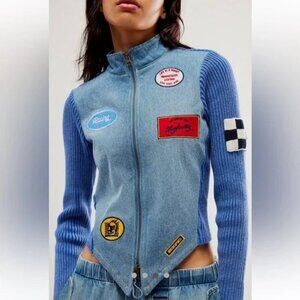 Free People Understated Leather Denim Racing Moto Jacket Motor Sports Size L NEW